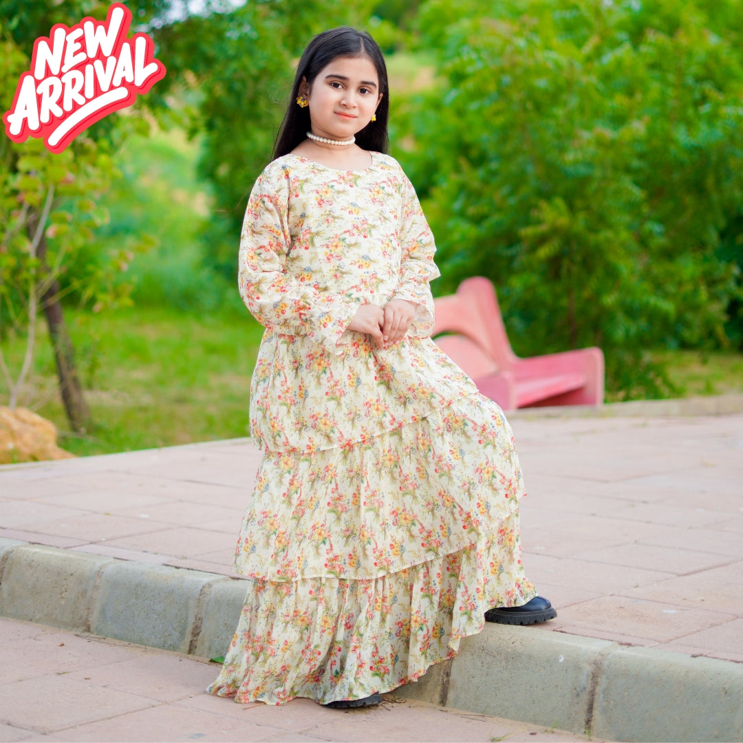 long frock designs frock and frill maxi Figo Cream Festive Floral Frill Maxi/Long Frock –