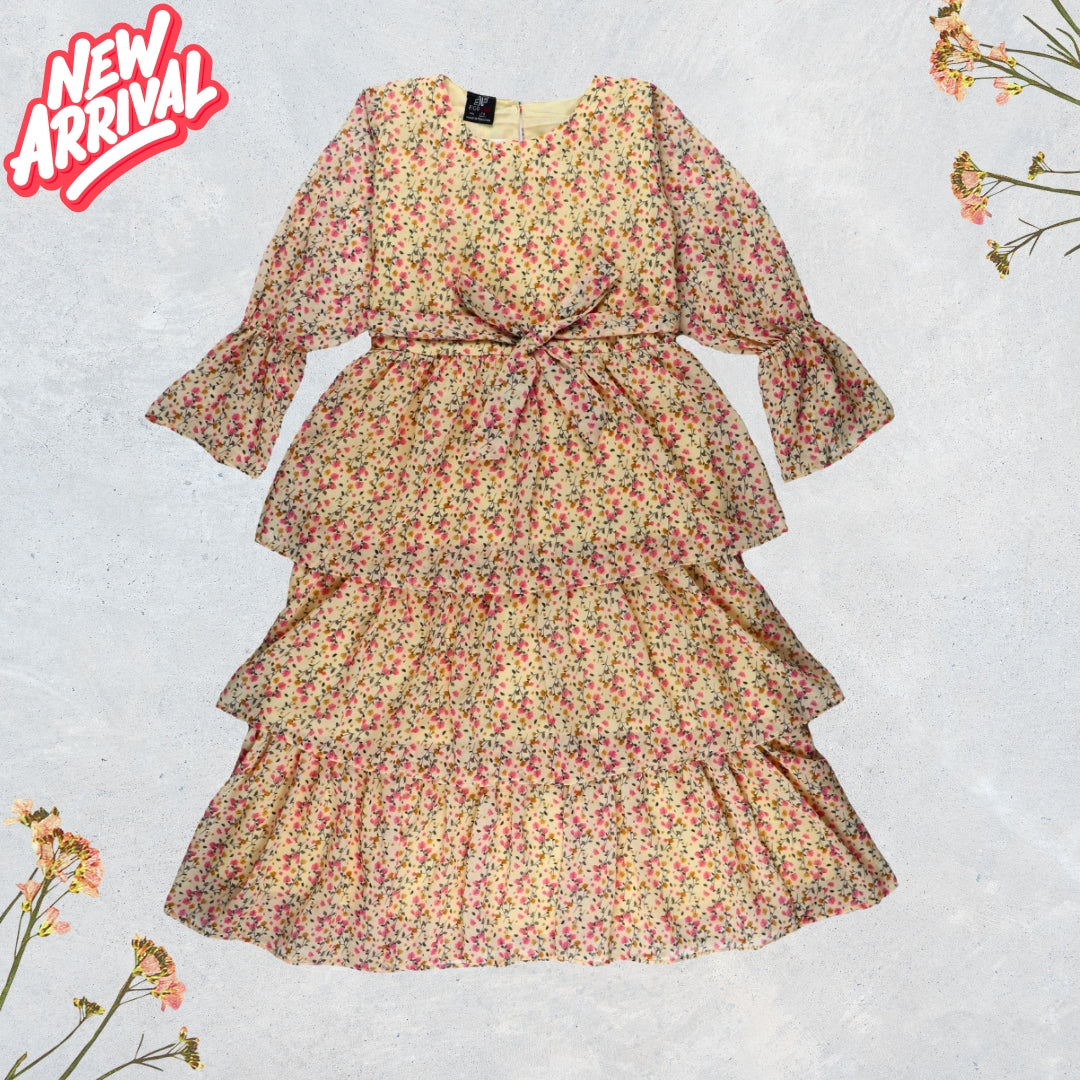 Figo - Dark Peach Floral Frill Maxi/Long Frock