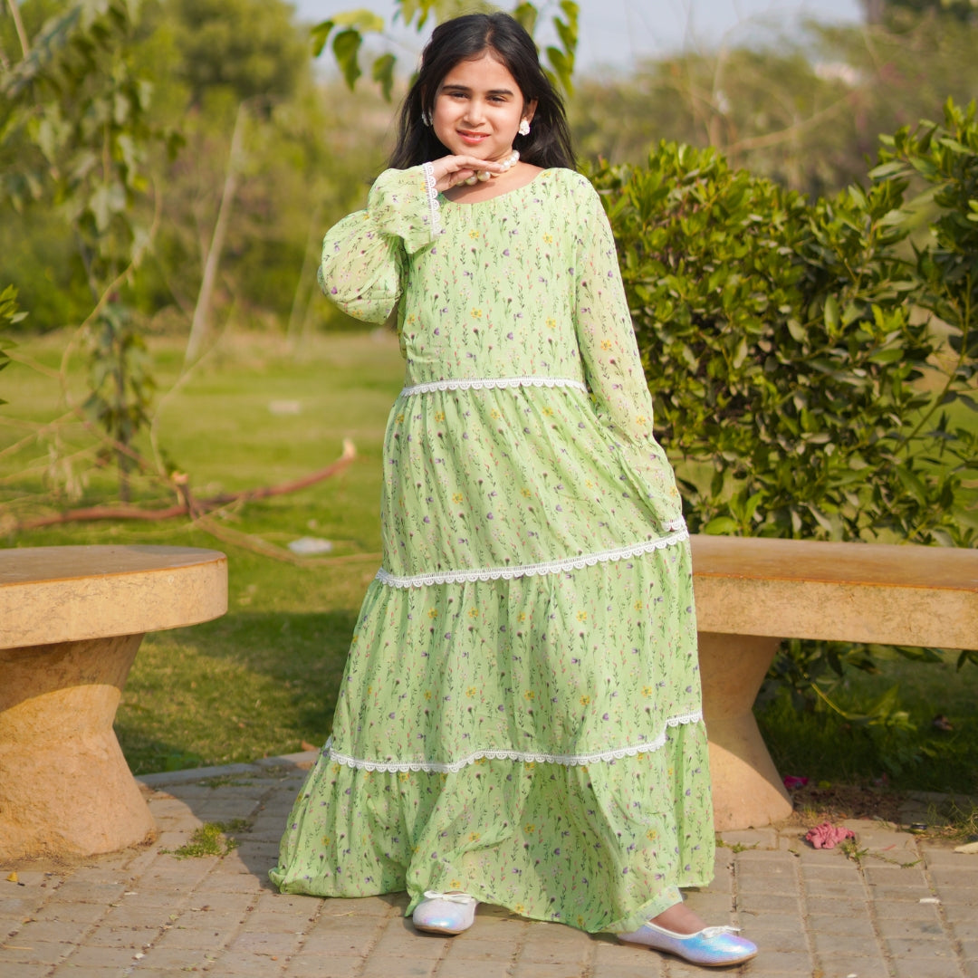 Figo - Green Floral Laced Frill Maxi/Long Frock