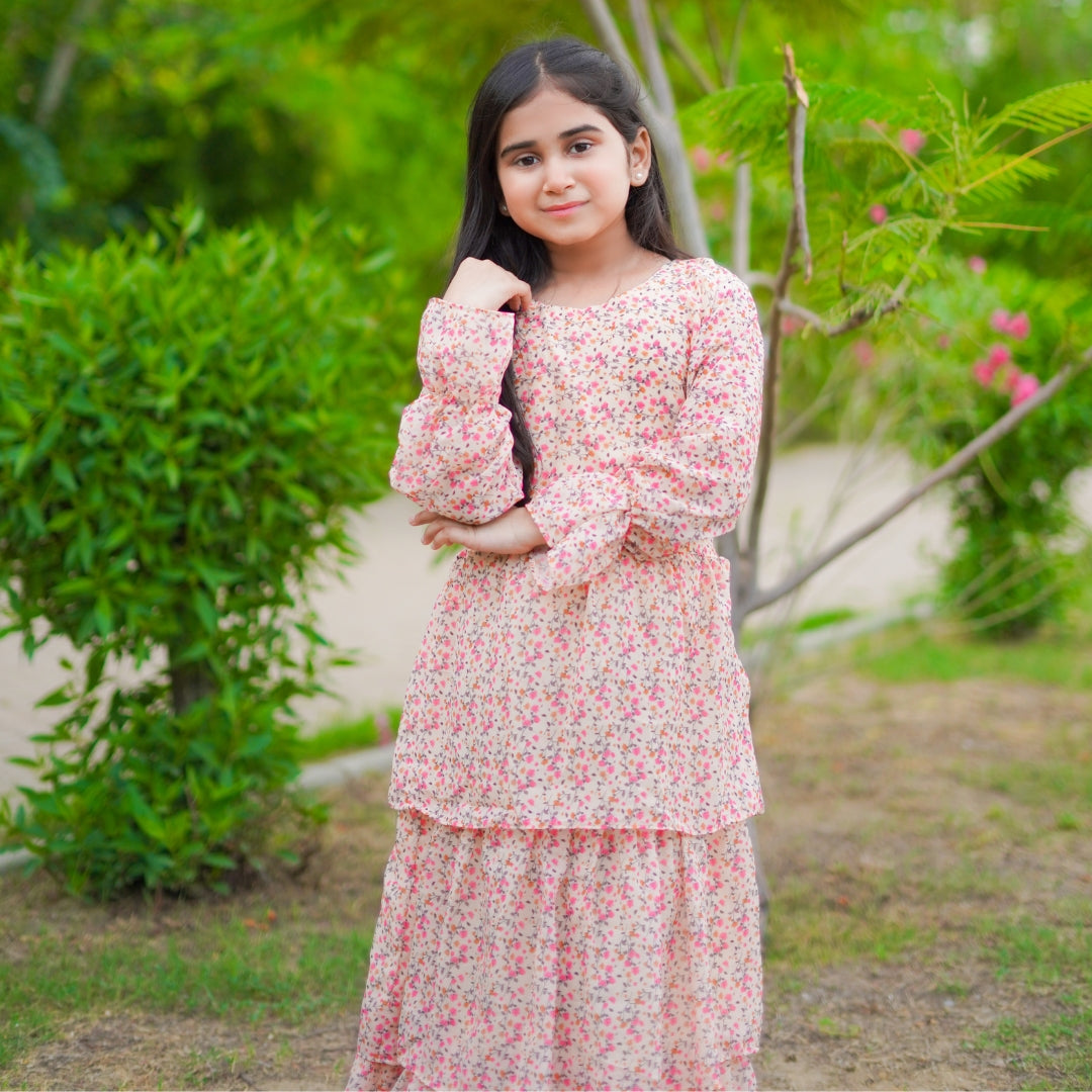 Figo - Dark Peach Floral Frill Maxi/Long Frock