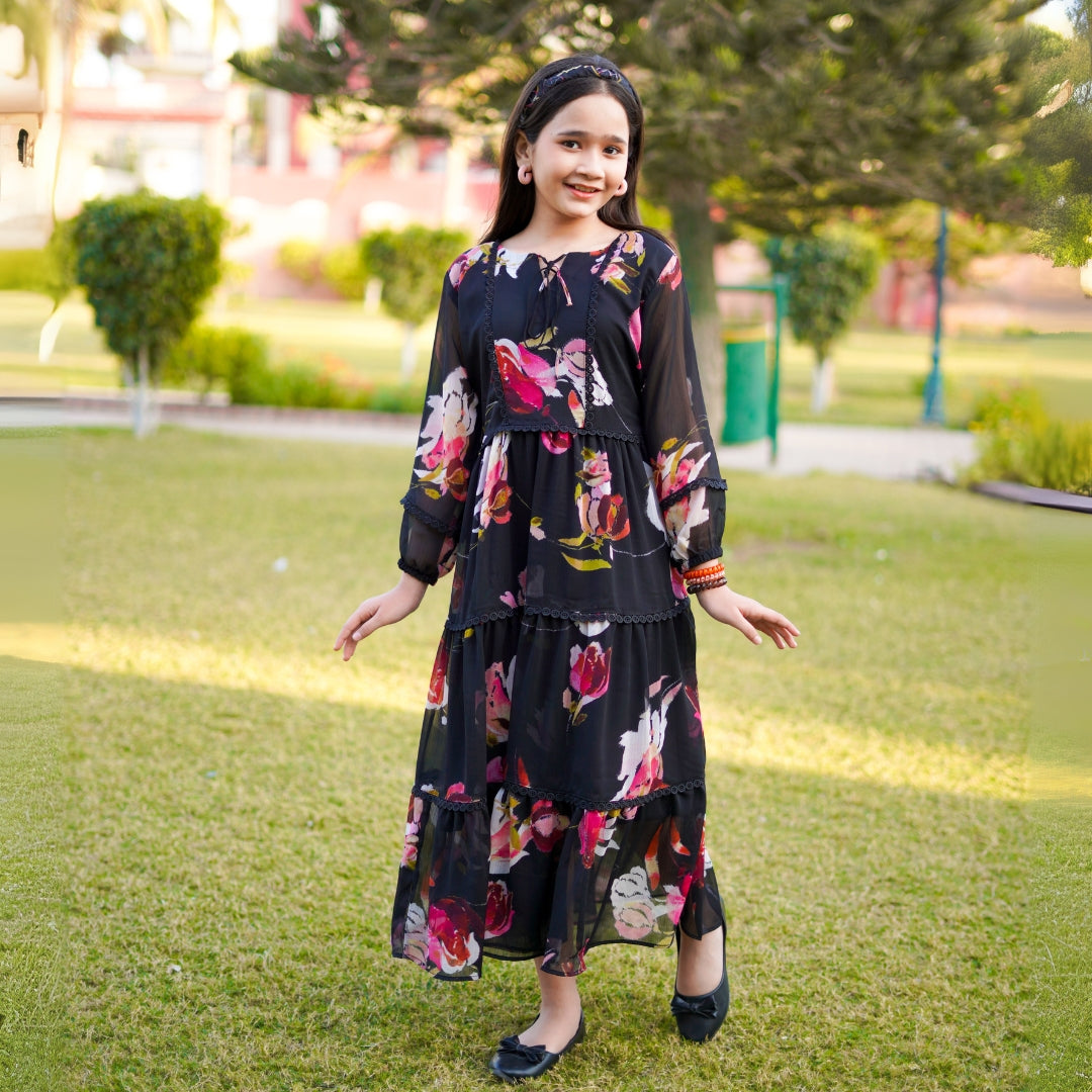 Figo - Black Floral Laced Maxi/Long Frock