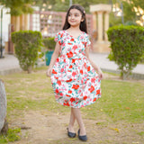 Figo - White Red Floral Frock (Silk Fabric)