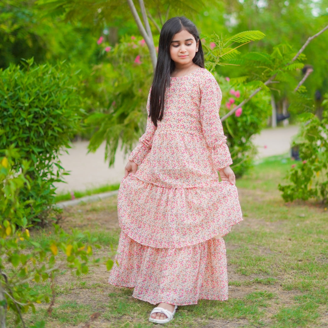 Figo - Dark Peach Floral Frill Maxi/Long Frock