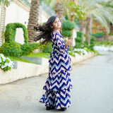 Figo - Navy Stripe Floral Frill Maxi/Long Frock