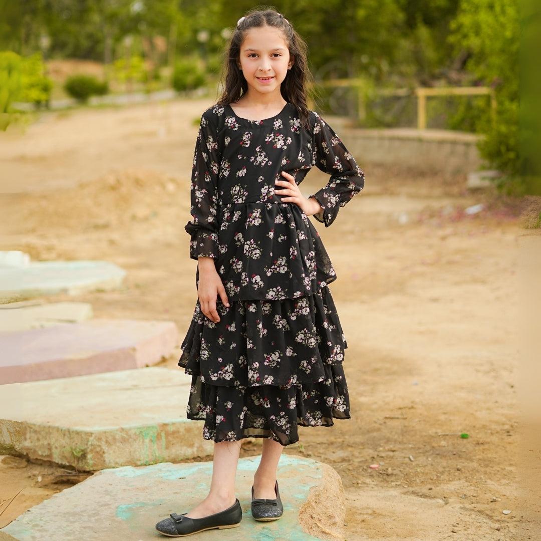 Figo - Black Floral Frill Maxi/Long Frock