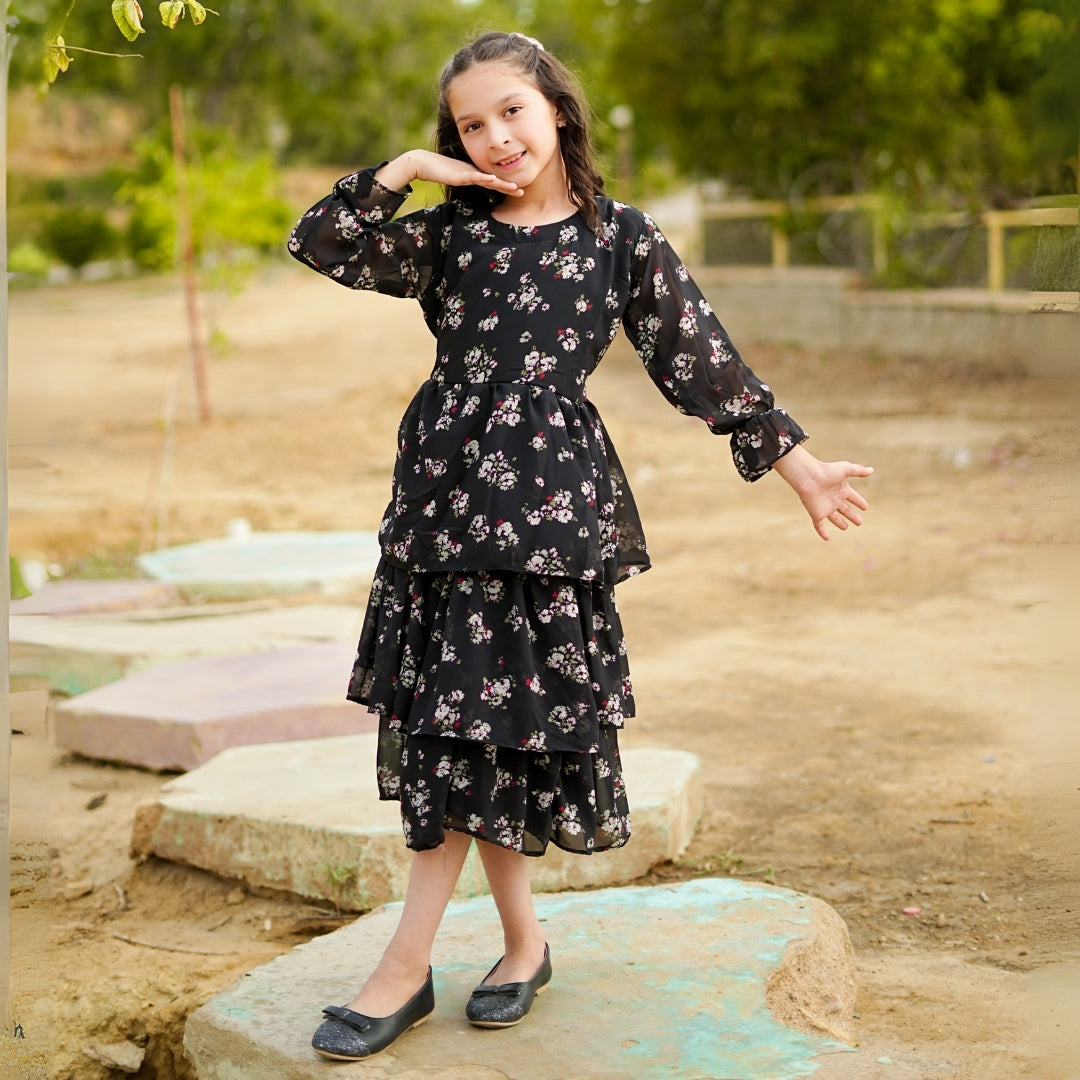 Figo - Black Floral Frill Maxi/Long Frock