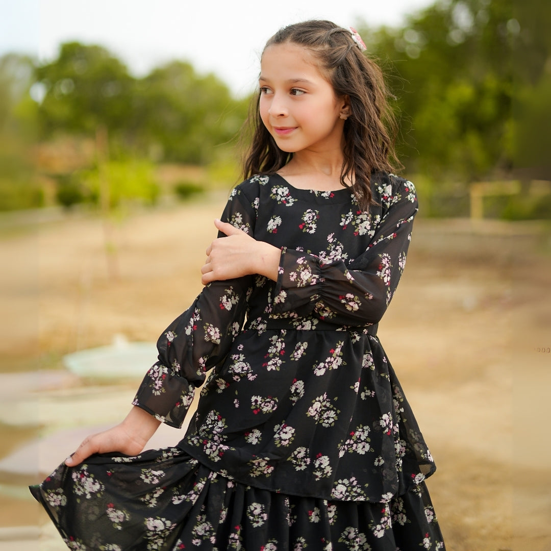 Figo - Black Floral Frill Maxi/Long Frock