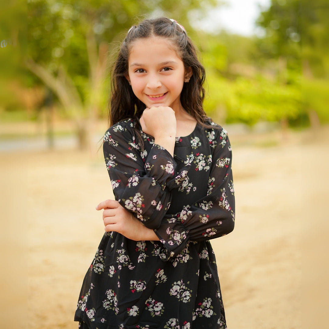 Figo - Black Floral Frill Maxi/Long Frock