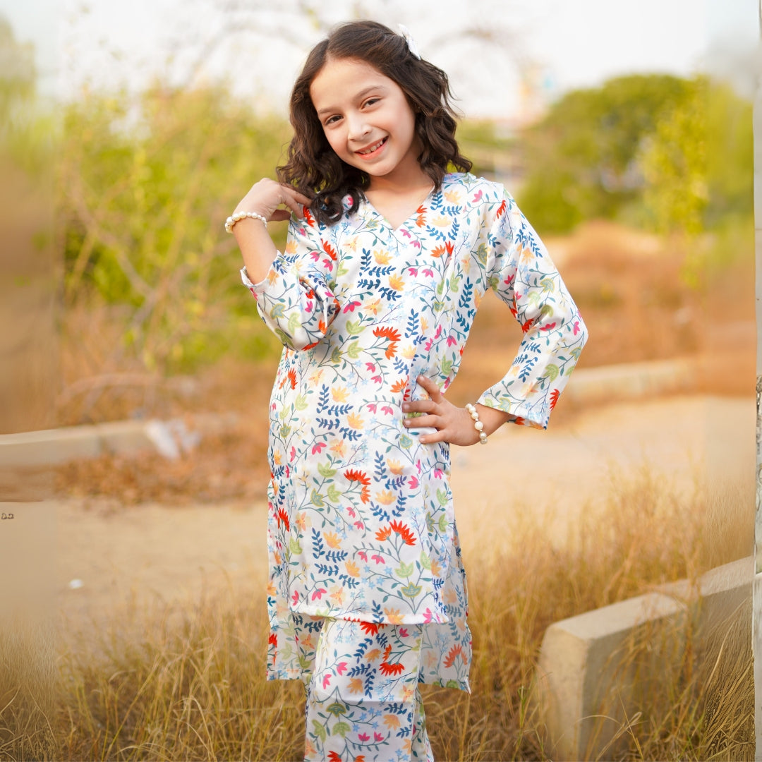 Figo - White Multi Floral Silk Co-Ord Set (Silk Fabric)