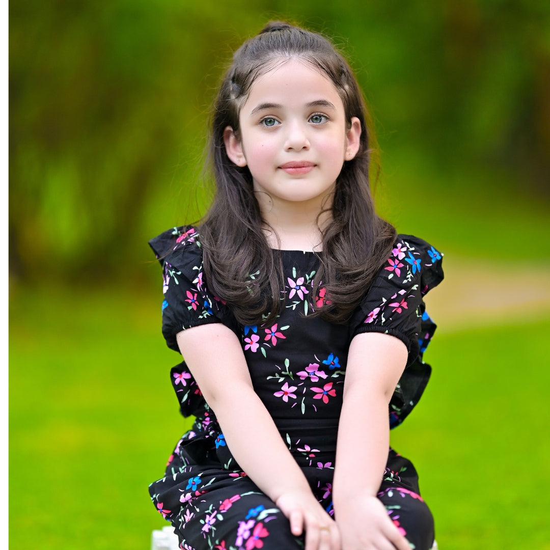 Figo - Black Vivid Butterfly Pattern Jumpsuit