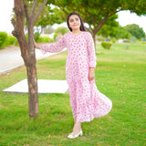 Figo - Pink Floral Three Layered Single Frill Maxi/Long Frock