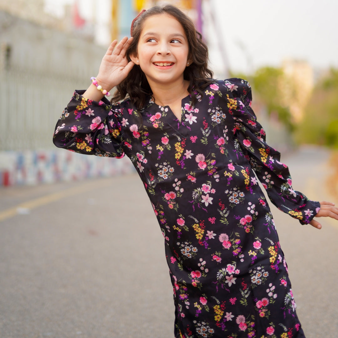 Figo - Black Floral Silk Co-Ord Set (Silk Fabric)