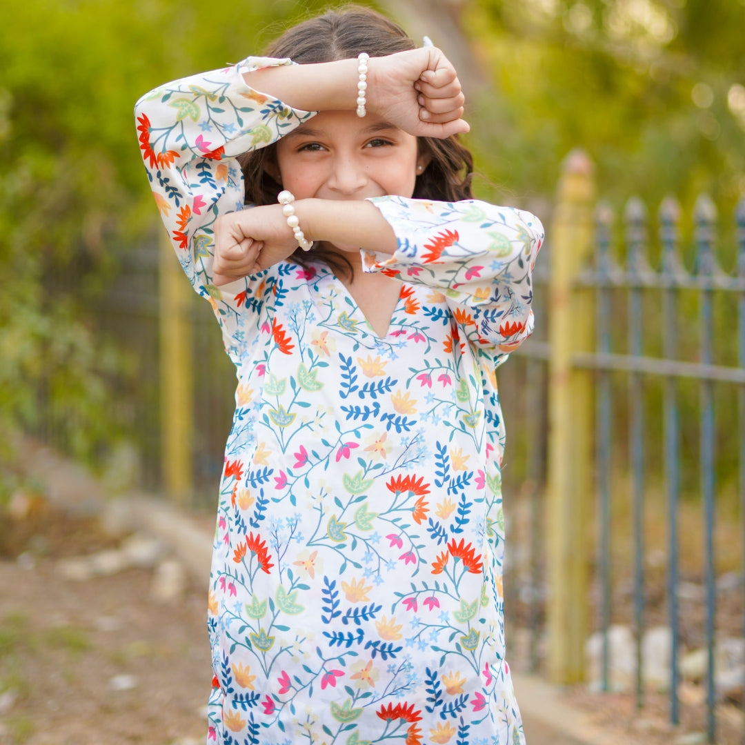 Figo - White Multi Floral Silk Co-Ord Set (Silk Fabric)