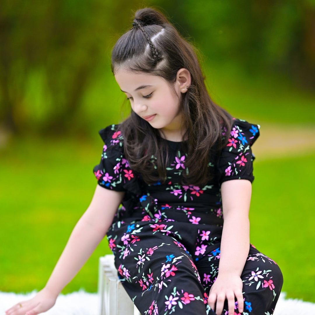 Figo - Black Vivid Butterfly Pattern Jumpsuit