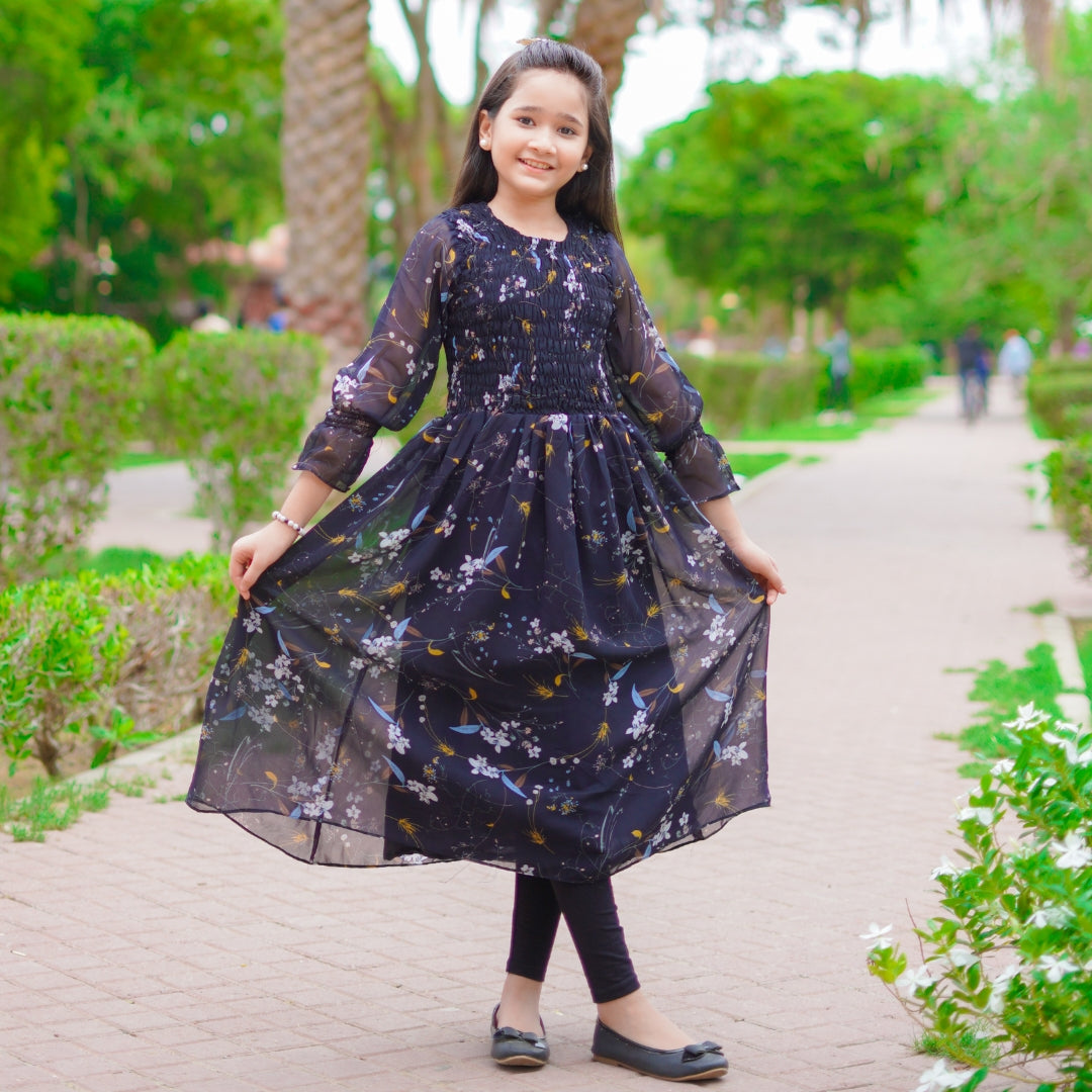 Figo - Navy Elegant Floral Smokey Maxi