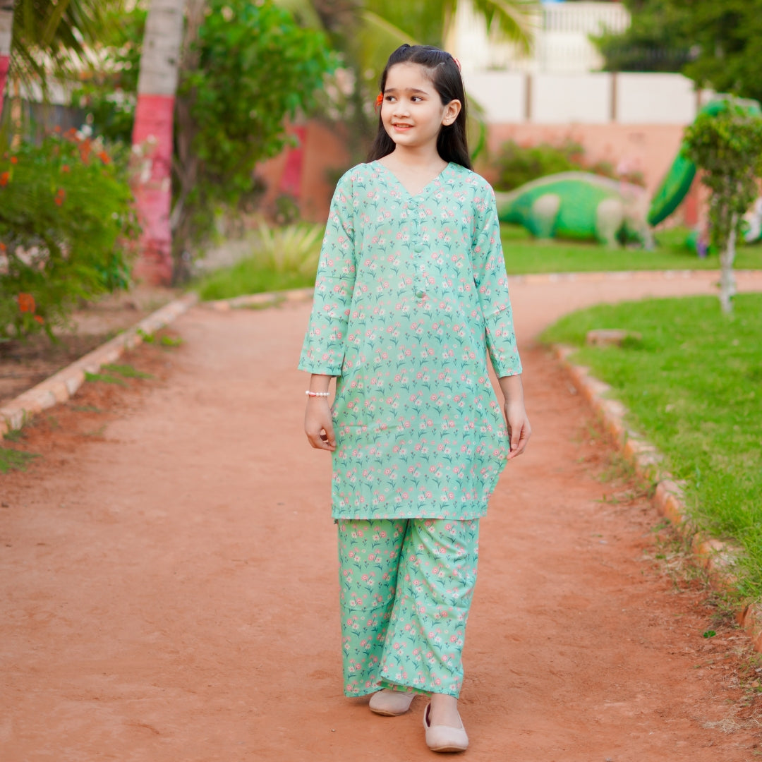 Figo - Elegant Green Floral Print Co-Ord Set