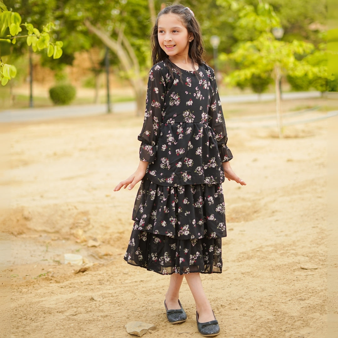 Figo - Black Floral Frill Maxi/Long Frock