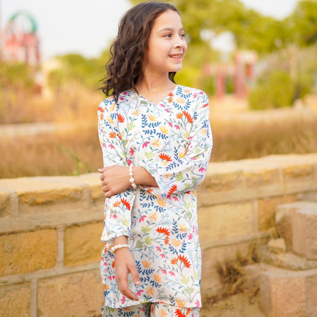 Figo - White Multi Floral Silk Co-Ord Set (Silk Fabric)