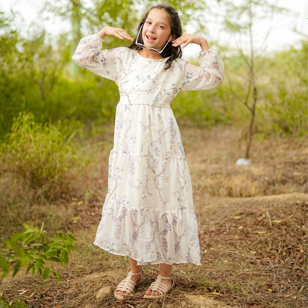 Figo - Off White Graceful Three Layered Single Frill Maxi/Long Frock