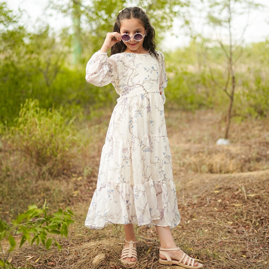 Figo - Off White Graceful Three Layered Single Frill Maxi/Long Frock