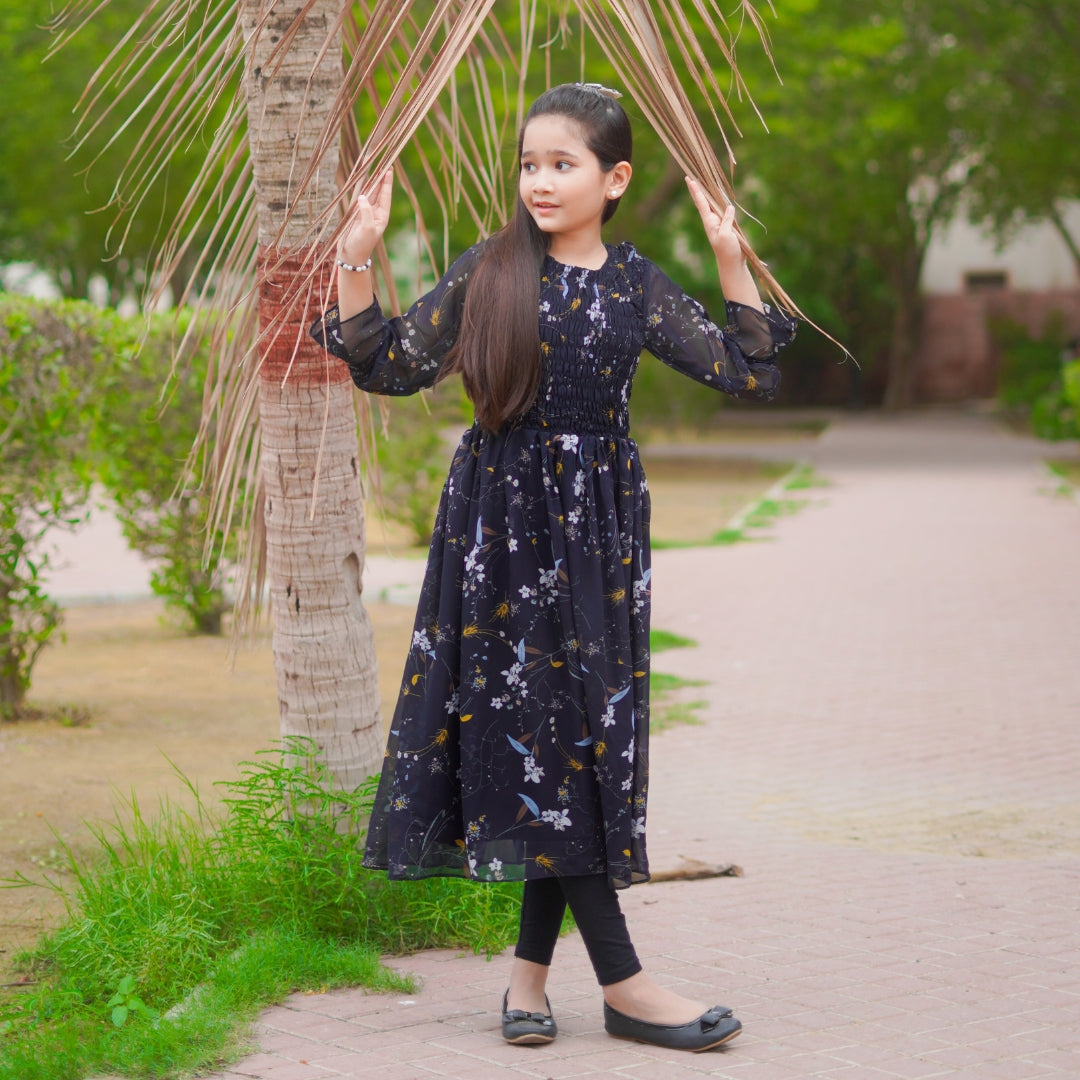 Figo - Navy Elegant Floral Smokey Maxi