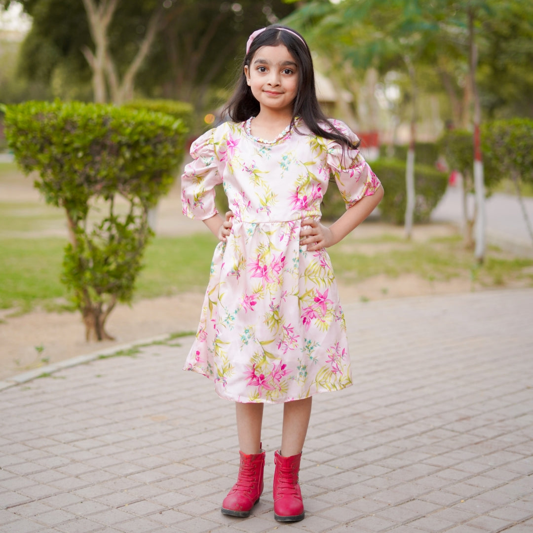 Figo - Peach Pink Floral Frock (Silk Fabric)