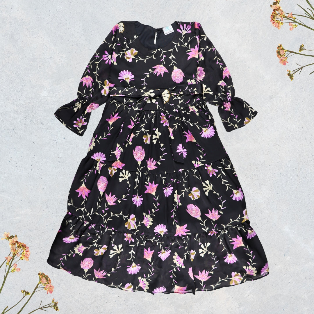 Figo - Black Silk Chiffon Floral Three Layered Single Frill Maxi/Long Frock