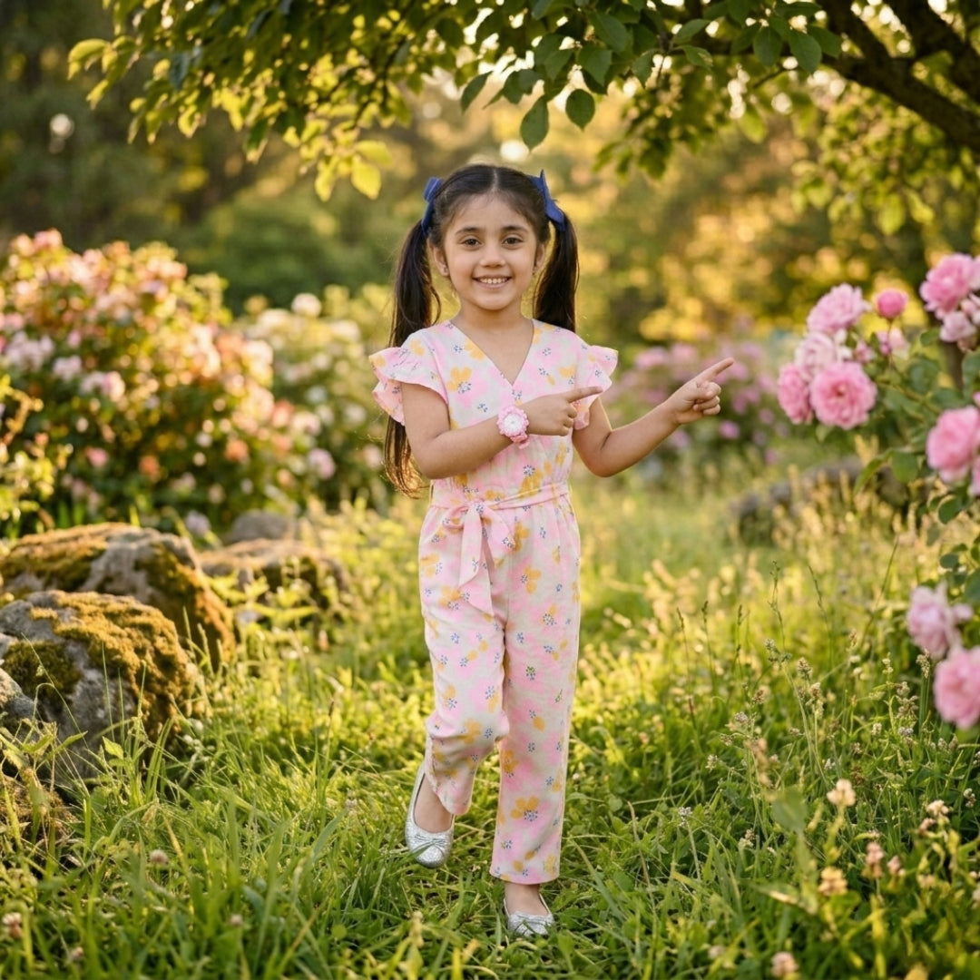 Figo - White Pink Floral V-Neck Jumpsuit