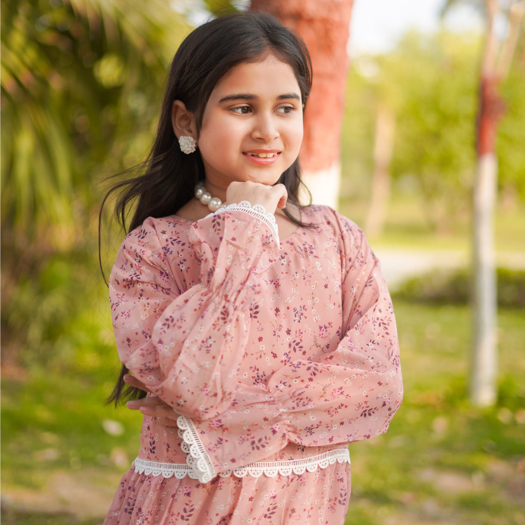 Figo - Dusty Rose Laced Frill Maxi/Long Frock