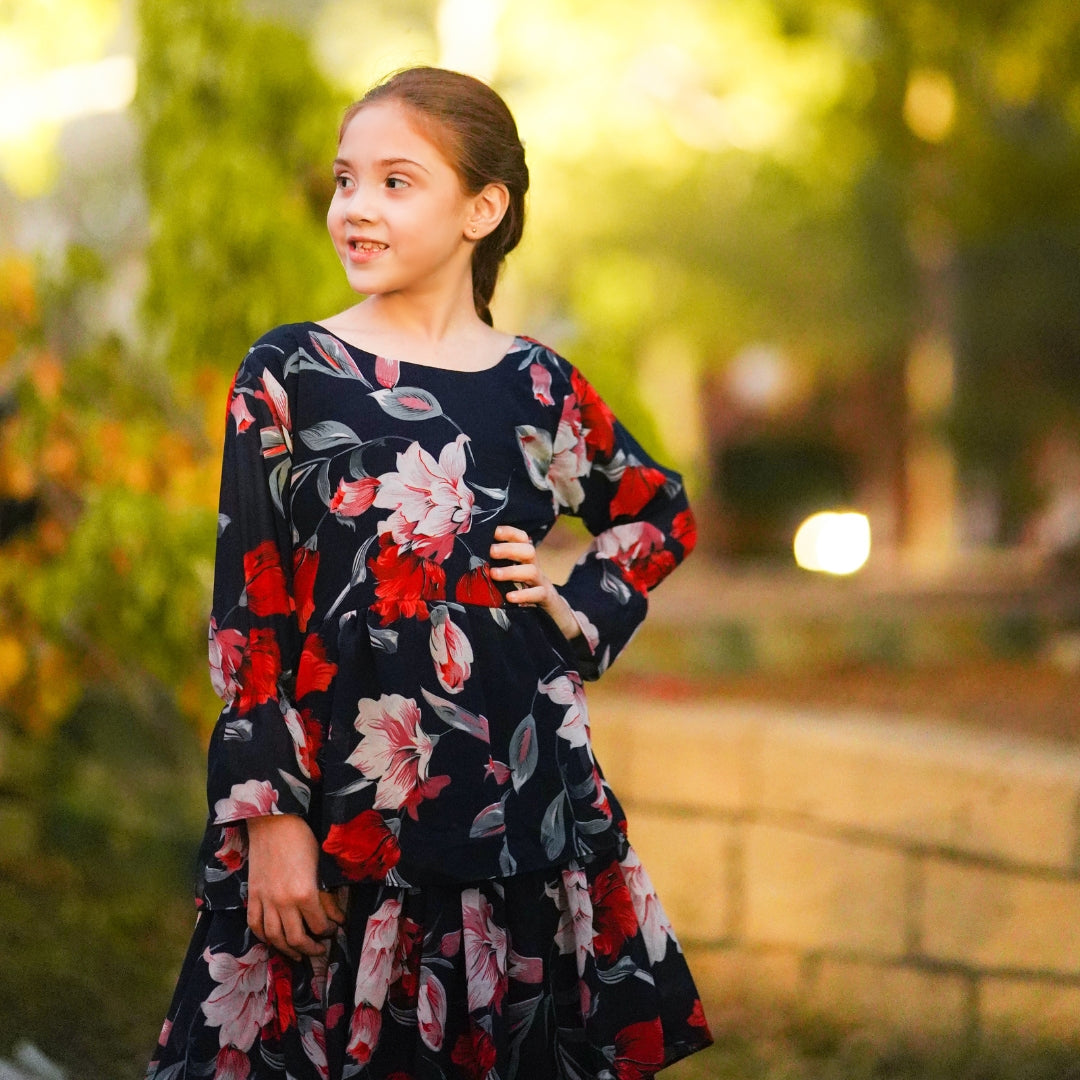 Figo - Dark Navy Multi Red Floral Frill Maxi/Long Frock