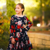 Figo - Dark Navy Multi Red Floral Frill Maxi/Long Frock