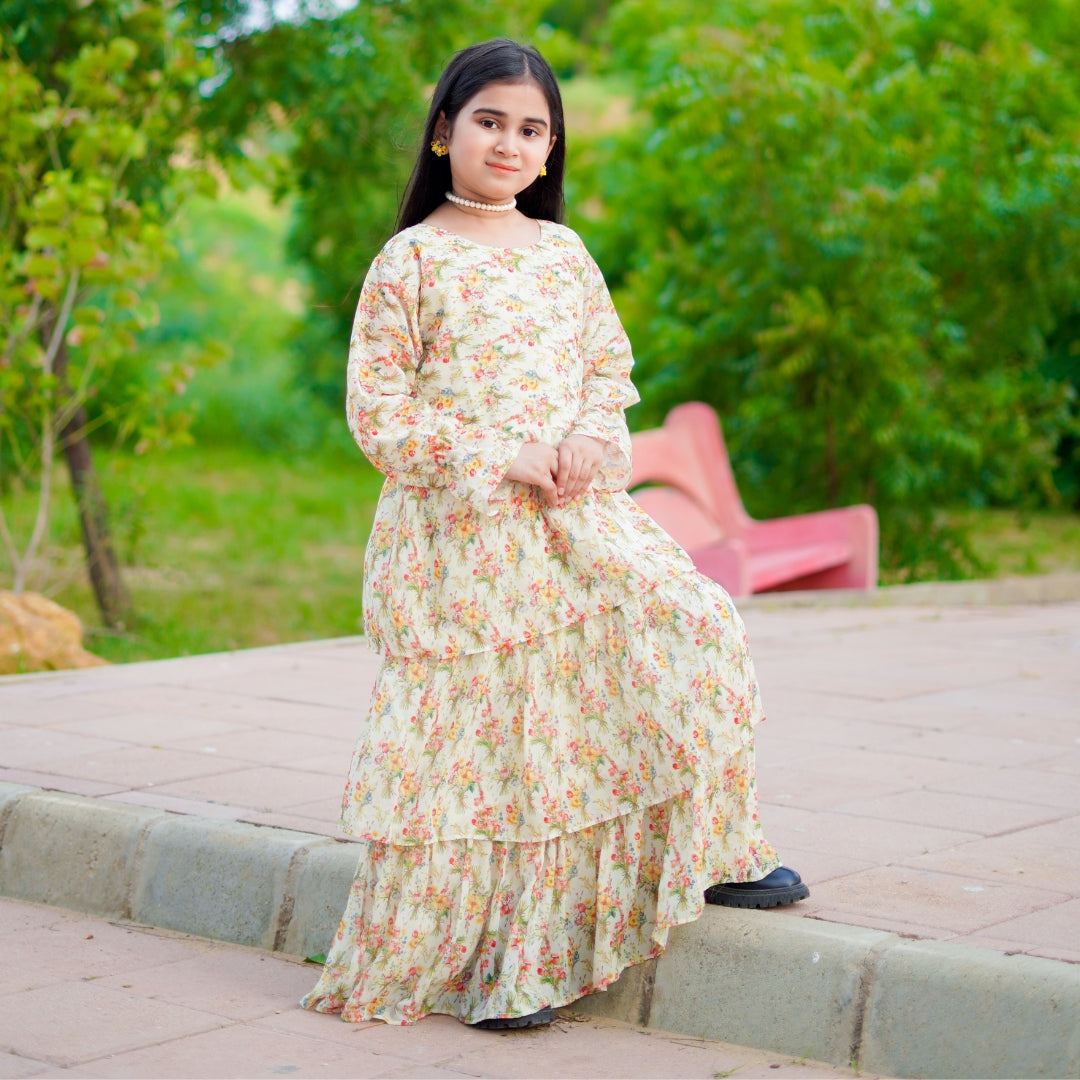 Figo - Cream Festive Floral Frill Maxi/Long Frock