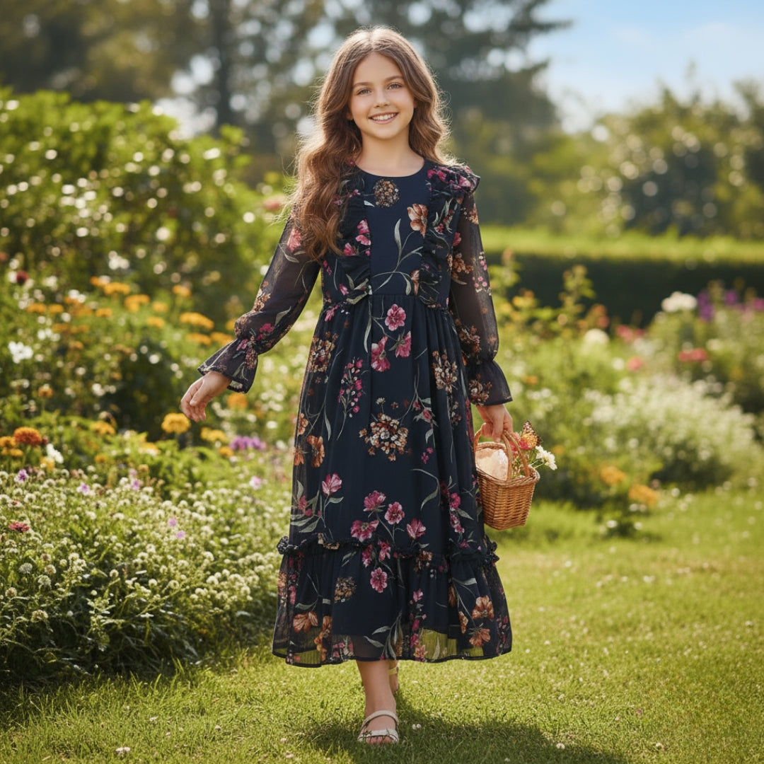 Figo - Dark Navy Graceful Floral Tunic Maxi/Long Frock