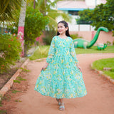 Figo - Pastel Green Floral Three Layered Single Frill Maxi/Long Frock