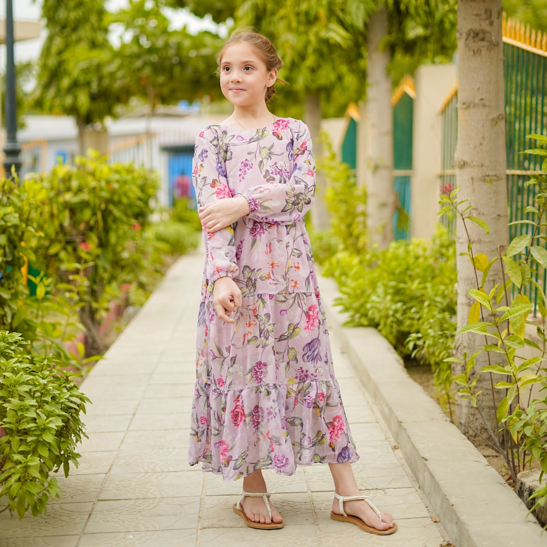 Figo - Lilac Floral Three Layered Single Frill Maxi/Long Frock