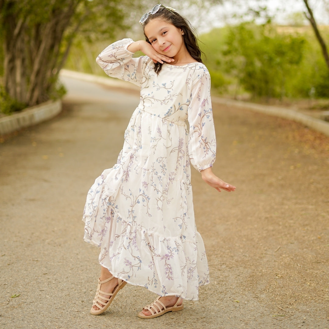 Figo - Off White Graceful Three Layered Single Frill Maxi/Long Frock