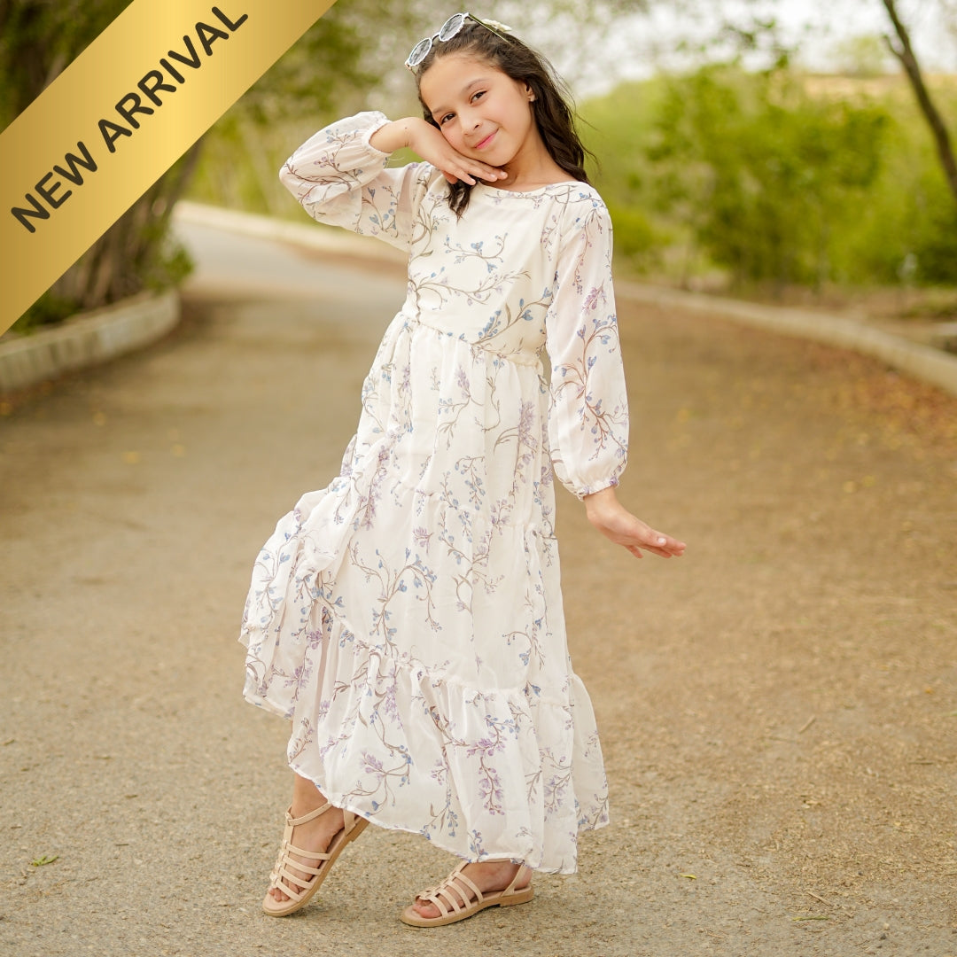 Figo - Off White Graceful Three Layered Single Frill Maxi/Long Frock