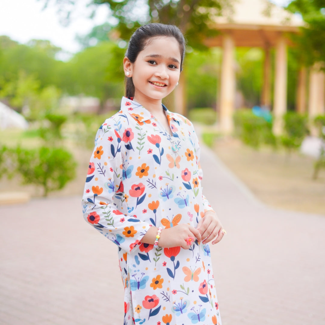 Figo - White Butterfly Floral Print Co-Ord Set