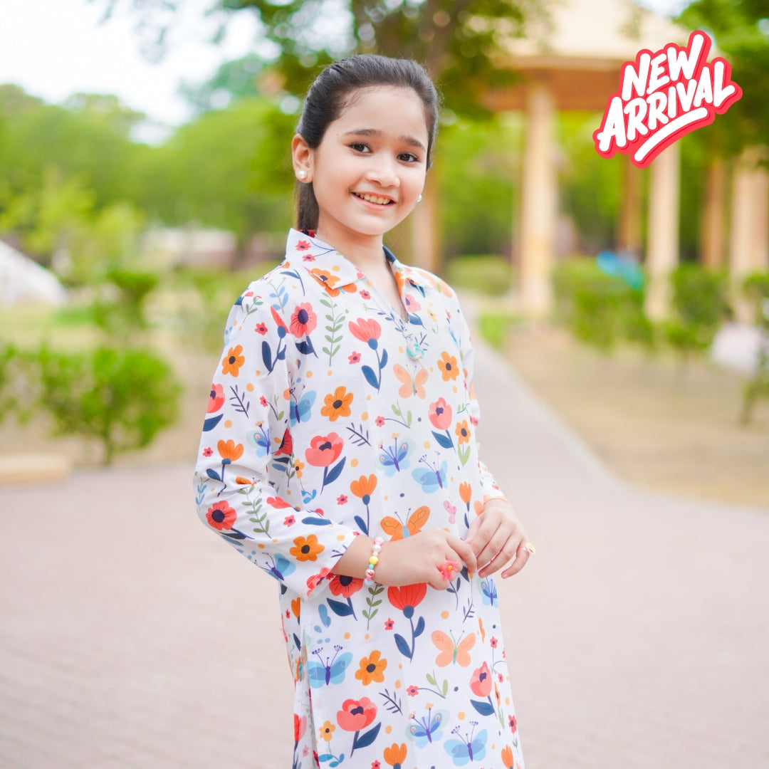 Figo - White Butterfly Floral Print Co-Ord Set