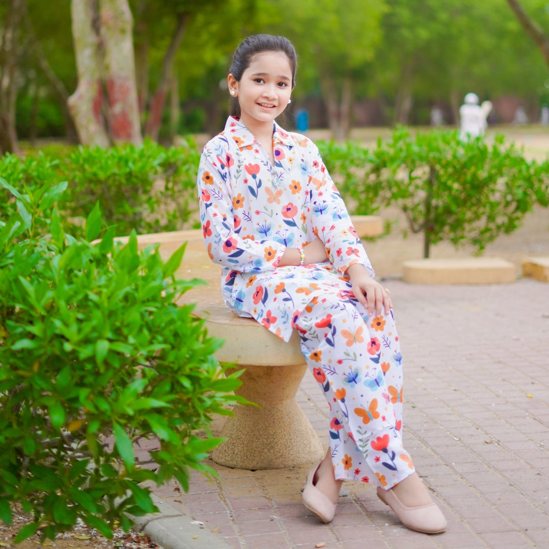 Figo - White Butterfly Floral Print Co-Ord Set