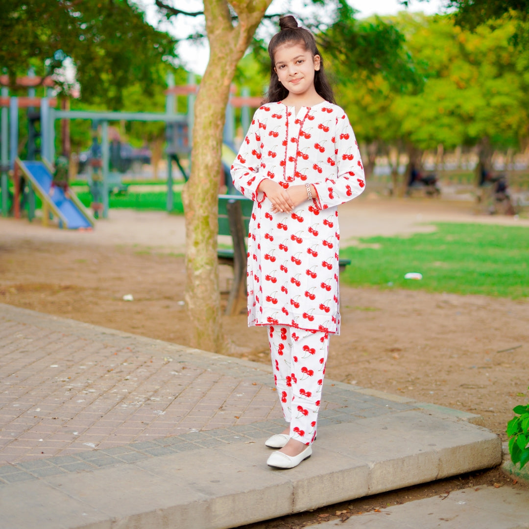 Figo - White Cherry Print Co-Ord Set (Viscose)