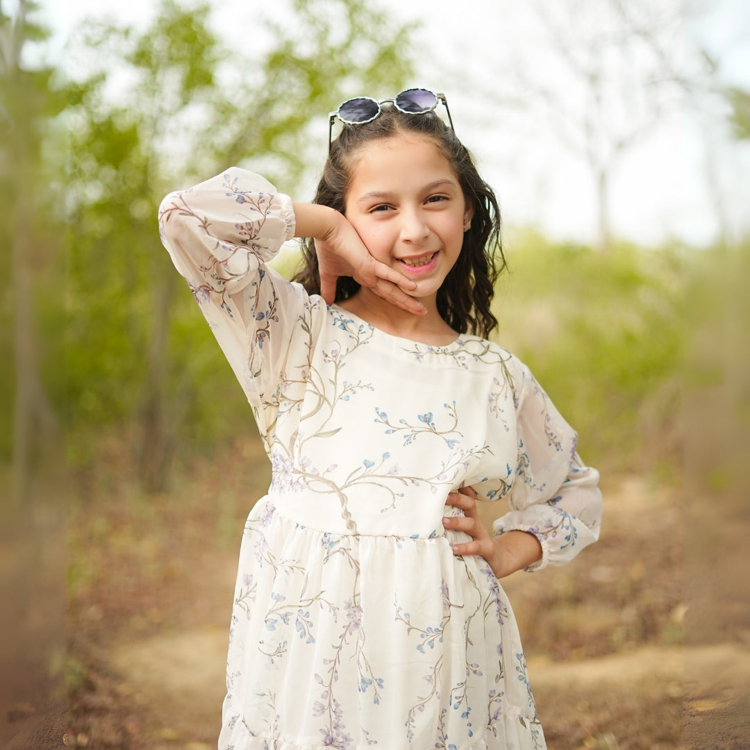 Figo - Off White Graceful Three Layered Single Frill Maxi/Long Frock