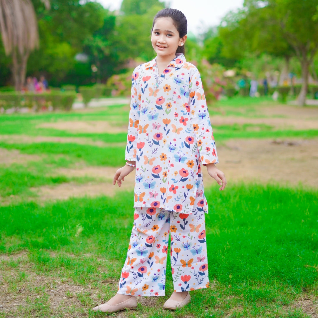 Figo - White Butterfly Floral Print Co-Ord Set