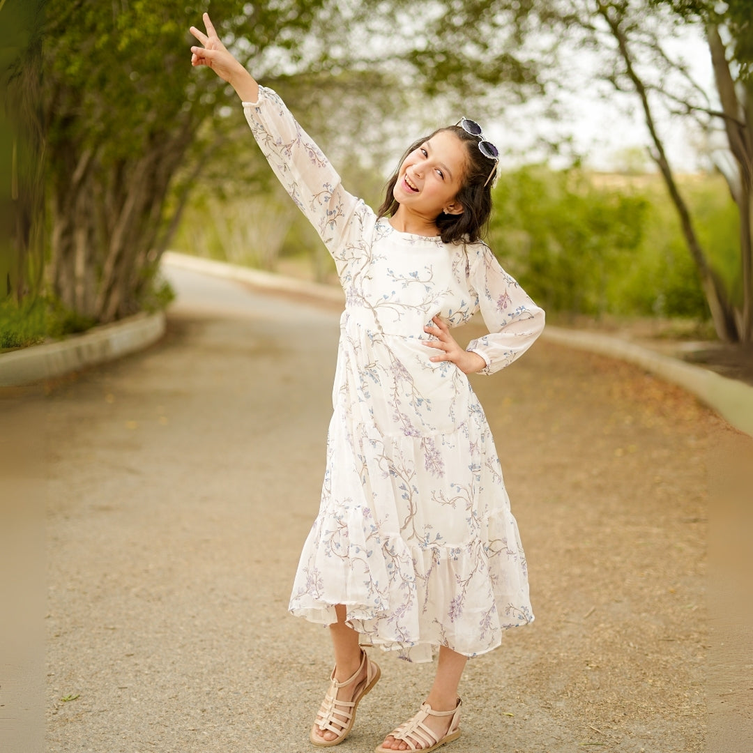 Figo - Off White Graceful Three Layered Single Frill Maxi/Long Frock