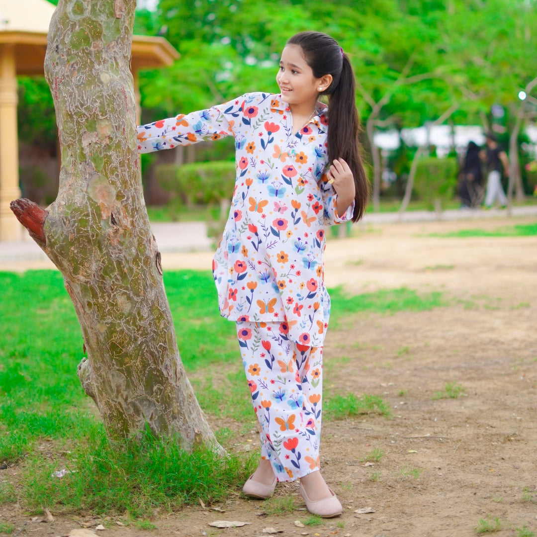 Figo - White Butterfly Floral Print Co-Ord Set