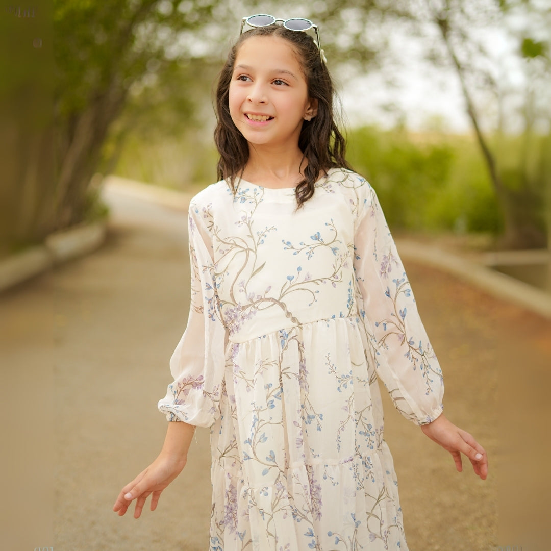 Figo - Off White Graceful Three Layered Single Frill Maxi/Long Frock