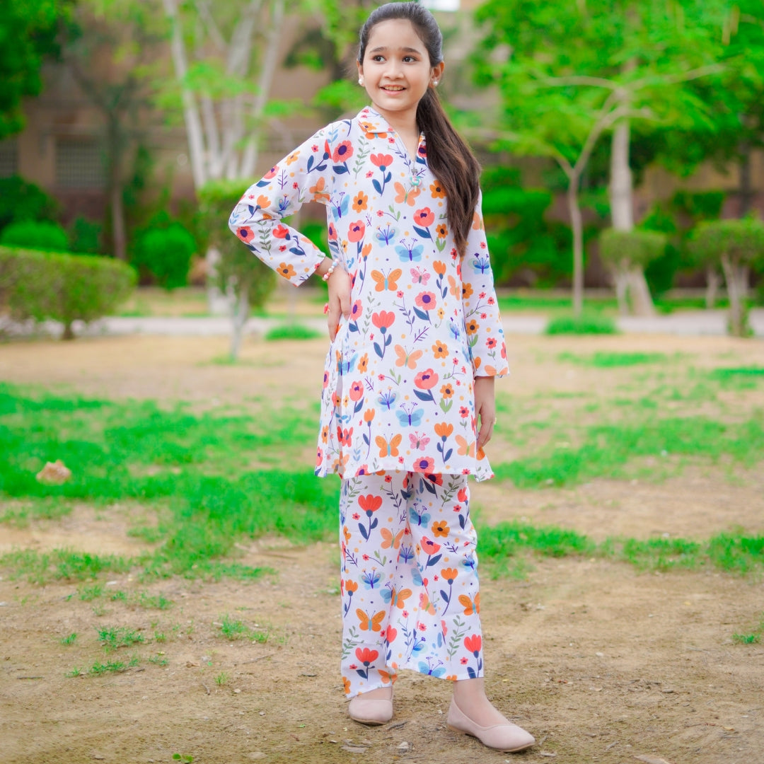Figo - White Butterfly Floral Print Co-Ord Set