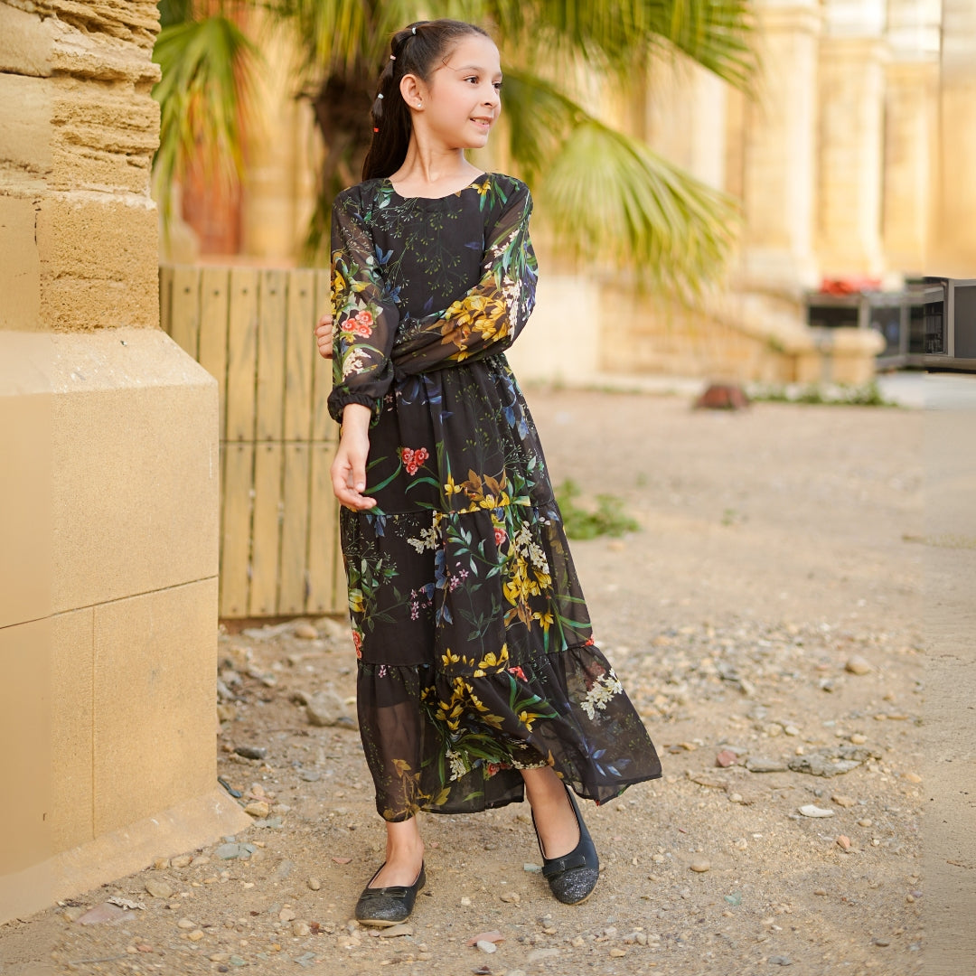 Figo - Black Yellow Floral Three Layered Single Frill Maxi/Long Frock