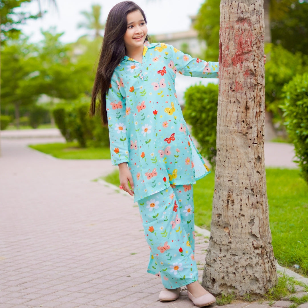 Figo - Graceful Green Butterfly Floral Print Co-Ord Set