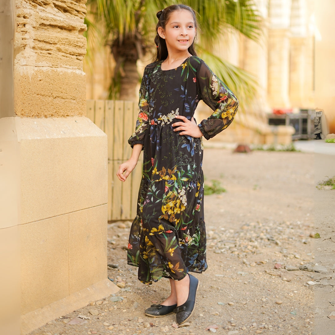 Figo - Black Yellow Floral Three Layered Single Frill Maxi/Long Frock